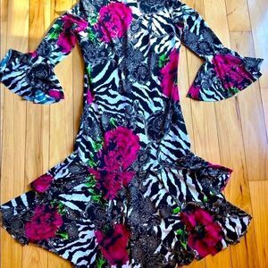 NEW RAVISH LUMINOUS FLORAL BELL SLEEVE SHEATH 6 BLACK & PINK